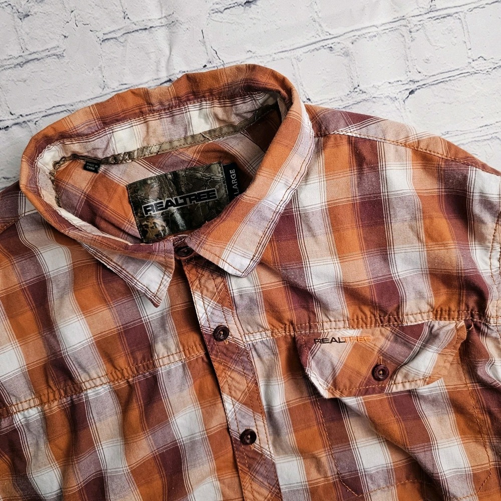 Realtree Mens 2XL Button Up Shirt‎ Orange Plaid Short Sleeve Cotton Blend